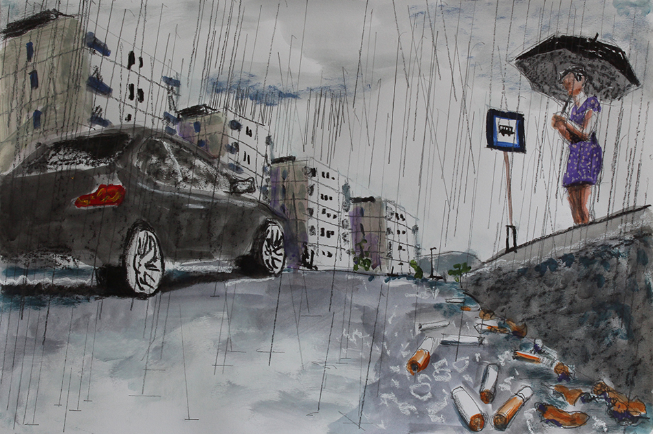 Zeichnung einer Frau am Straßenrand mit Schirm bei Regen. Zeichnung Csaba Nemes