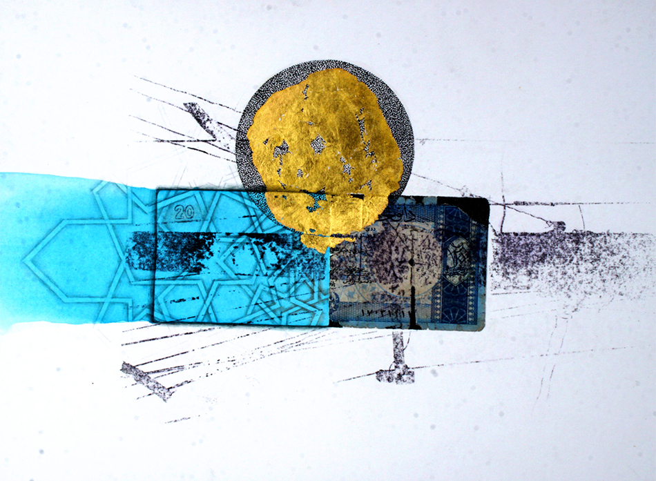 Kunstwerk: goldenes Blatt, Gelschein und Wasserfarbe