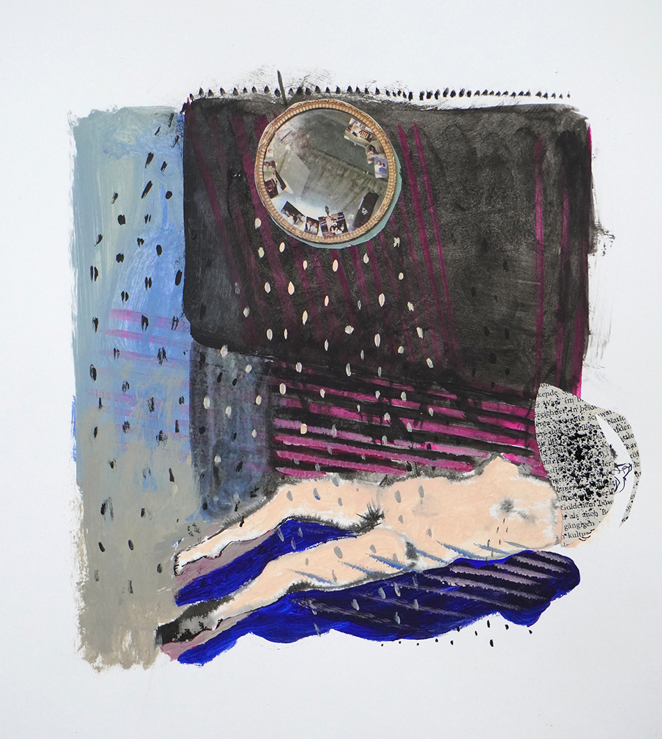 Eine Kollage , die einen Frauenkörper zeigt, ein Geldstück und Acrylfarben.