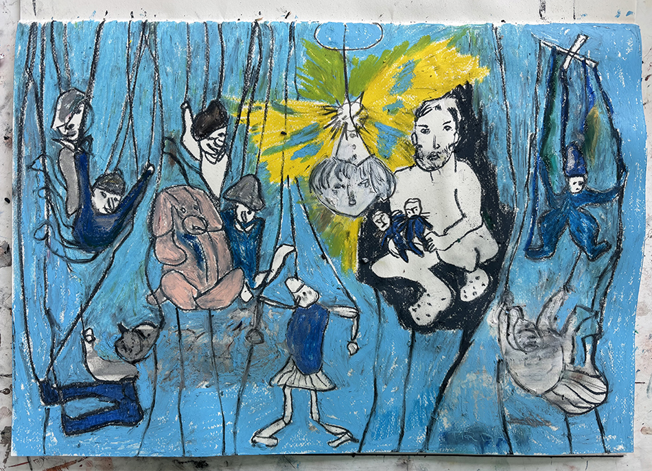 Bunte Zeichnung mit Figuren und Puppen. Copyright Tirdad Hashemi