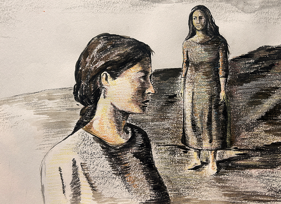 Illustration zweier Frauen in einer kargen Landschaft: Im Vordergrund ist eine Frau im Profil zu sehen, den Blick nach unten gerichtet, mit dunklem, zusammengebundenem Haar und einem schlichten Oberteil. Im Hintergrund steht eine zweite Frau frontal, barfuß, in einem langen Kleid. Die Szene ist in gedeckten Grau-, Braun- und Ockertönen gehalten, mit sichtbaren Schraffuren und rauen Texturen, die eine stille, nachdenkliche Stimmung erzeugen. Illustration of two women in a barren landscape: in the foreground, a woman is shown in profile, her gaze directed downward, with dark hair tied back and wearing a simple top. In the background, a second woman stands facing forward, barefoot, in a long dress. The scene is rendered in muted shades of grey, brown, and ochre, with visible hatching and rough textures that create a quiet, contemplative mood.