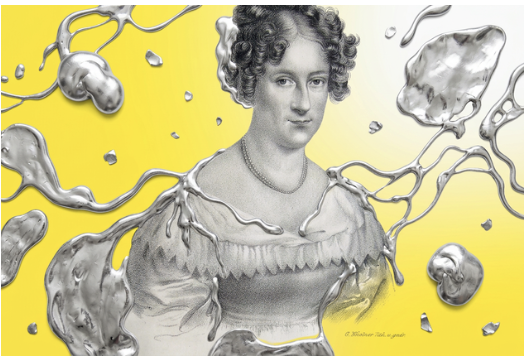 Rahel Varnhagen, historische Lithografie auf Gelb, umflossen von silbrig glänzendem Flüssigmetall.