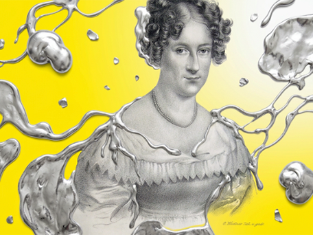 Rahel Varnhagen, historische Lithografie auf Gelb, umflossen von silbrig glänzendem Flüssigmetall.