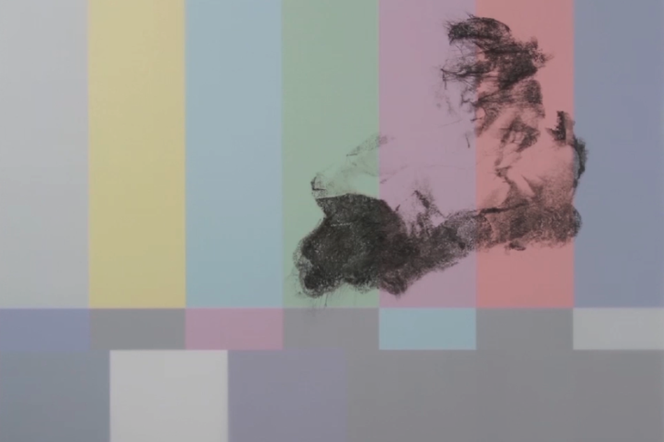 Ein Fernseh-Testbild aus senkrechten Farbbalken in blassen Pastelltönen: Grau, Gelb, Hellblau, Grün, Flieder, Rosa und Blaugrau, darunter schmale Streifen und Blöcke in Grau, Rosa, Hellblau und Weiß. Über der rechten Bildhälfte liegt ein schwarzer, körniger Fototransfer mit verwischten Rändern. Darin lässt sich schemenhaft eine Gestalt mit dunklem Haar erahnen, deren Umrisse sich auflösen.