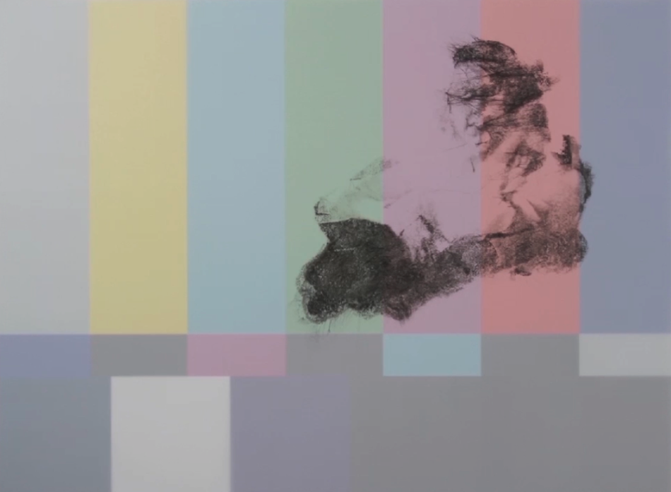 Ein Fernseh-Testbild aus senkrechten Farbbalken in blassen Pastelltönen: Grau, Gelb, Hellblau, Grün, Flieder, Rosa und Blaugrau, darunter schmale Streifen und Blöcke in Grau, Rosa, Hellblau und Weiß. Über der rechten Bildhälfte liegt ein schwarzer, körniger Fototransfer mit verwischten Rändern. Darin lässt sich schemenhaft eine Gestalt mit dunklem Haar erahnen, deren Umrisse sich auflösen.